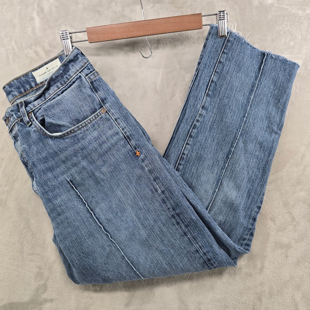 Imogene and Willie Wyatt 32 Jeans Blue Seamed Straight Leg Raw Hem Button Fly